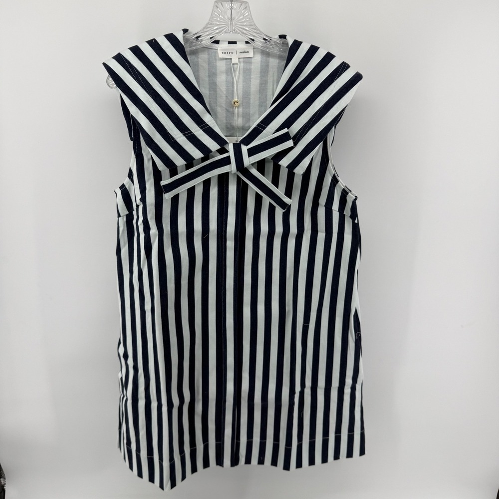 Entro Navy White Striped Sailor Collar Bow Sleeveless Mini Dress Womens Medium - Picture 8 of 8